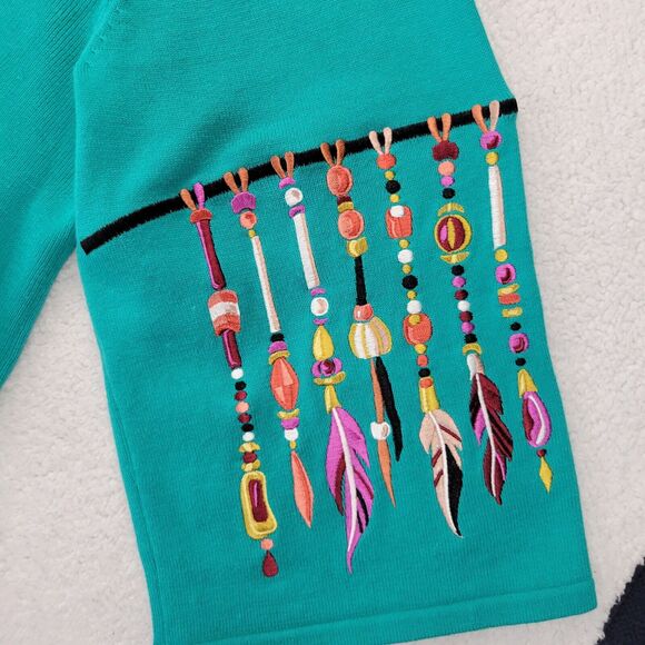 Bob Mackie Cardigan Womens Sweater 1X Green Embroidered Dream Catcher Button XL - Picture 8 of 11